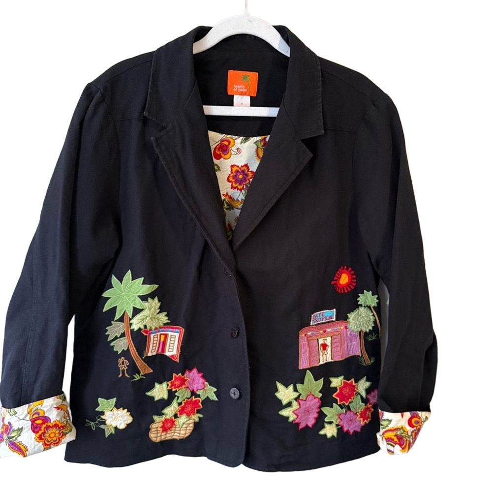 Hearts of Palm Black Tropical Floral Embroidered Cotton Blazer Women’s 16